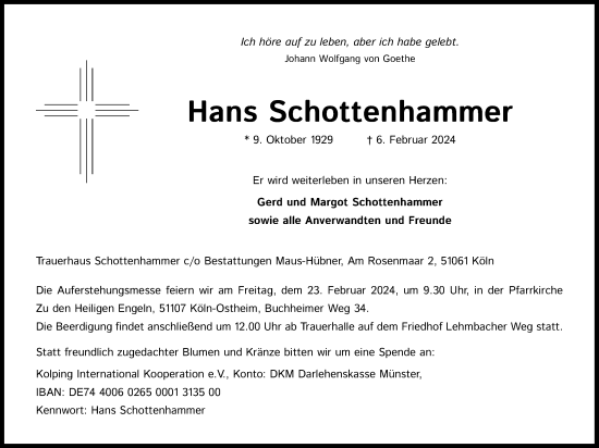 Anzeige von Hans Schottenhammer von Kölner Stadt-Anzeiger / Kölnische Rundschau / Express
