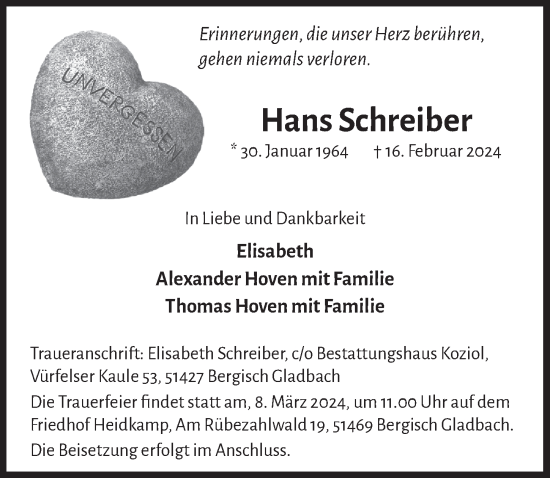 Anzeige von Hans Schreiber von  Bergisches Handelsblatt 