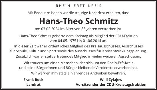 Anzeige von Hans-Theo Schmitz von  Wochenende  Schlossbote/Werbekurier  Werbepost 