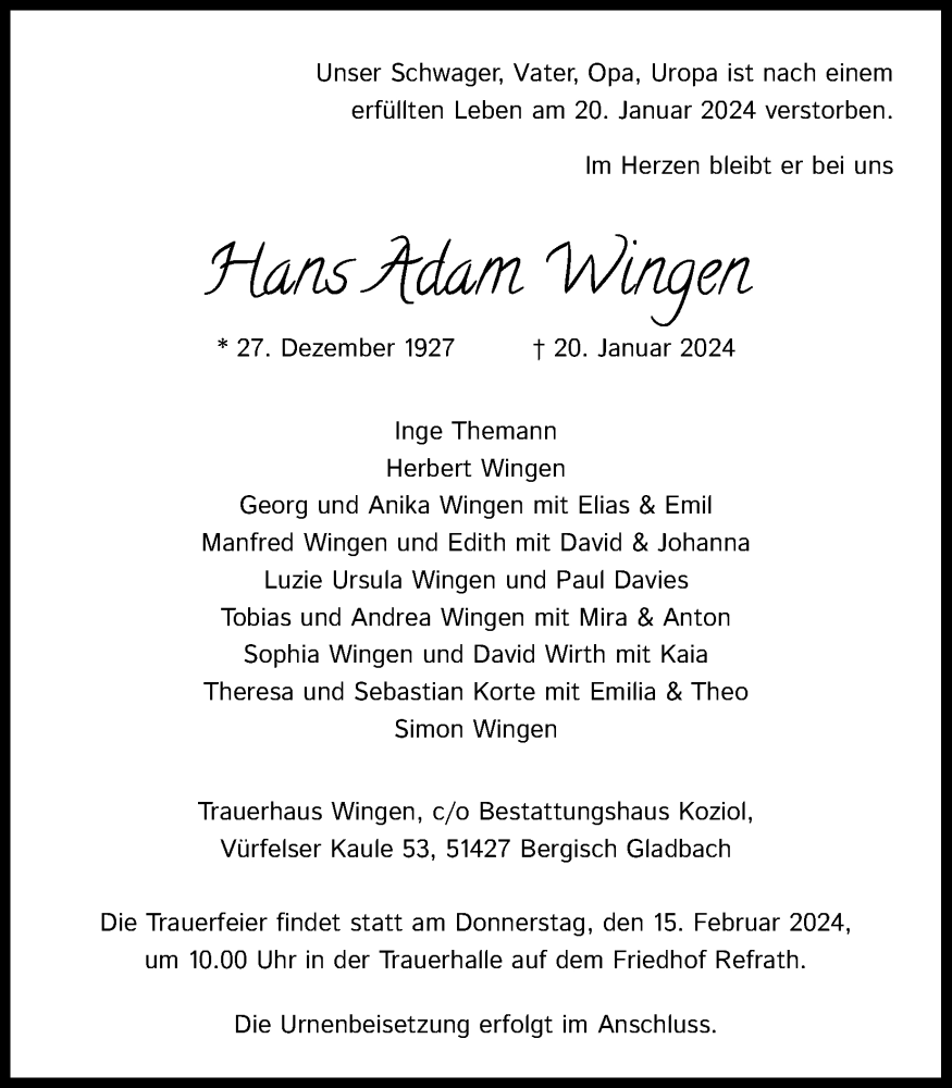  Traueranzeige für Hans Adam Wingen vom 10.02.2024 aus Kölner Stadt-Anzeiger / Kölnische Rundschau / Express