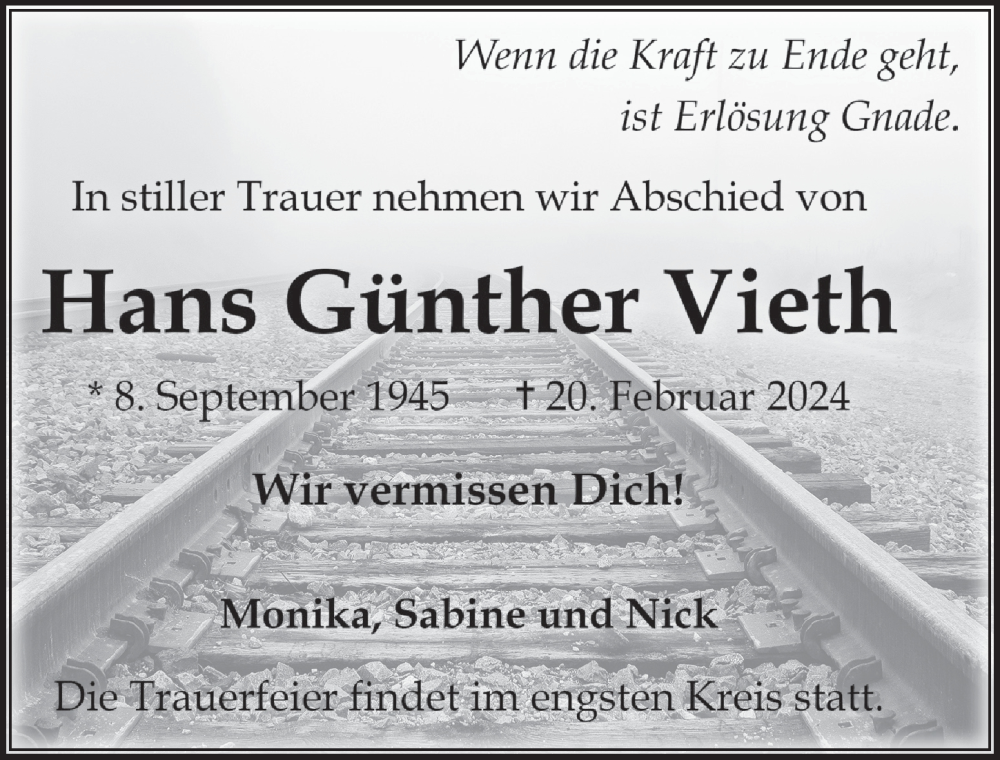 Traueranzeige für Hans Günther Vieth vom 01.03.2024 aus  Schlossbote/Werbekurier 