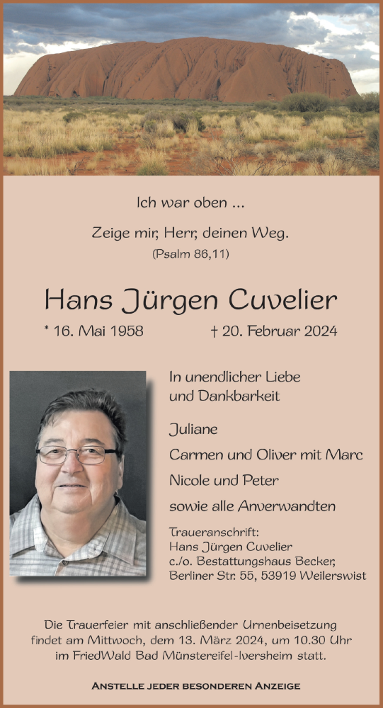  Traueranzeige für Hans Jürgen Cuvelier vom 24.02.2024 aus  Blickpunkt Euskirchen 