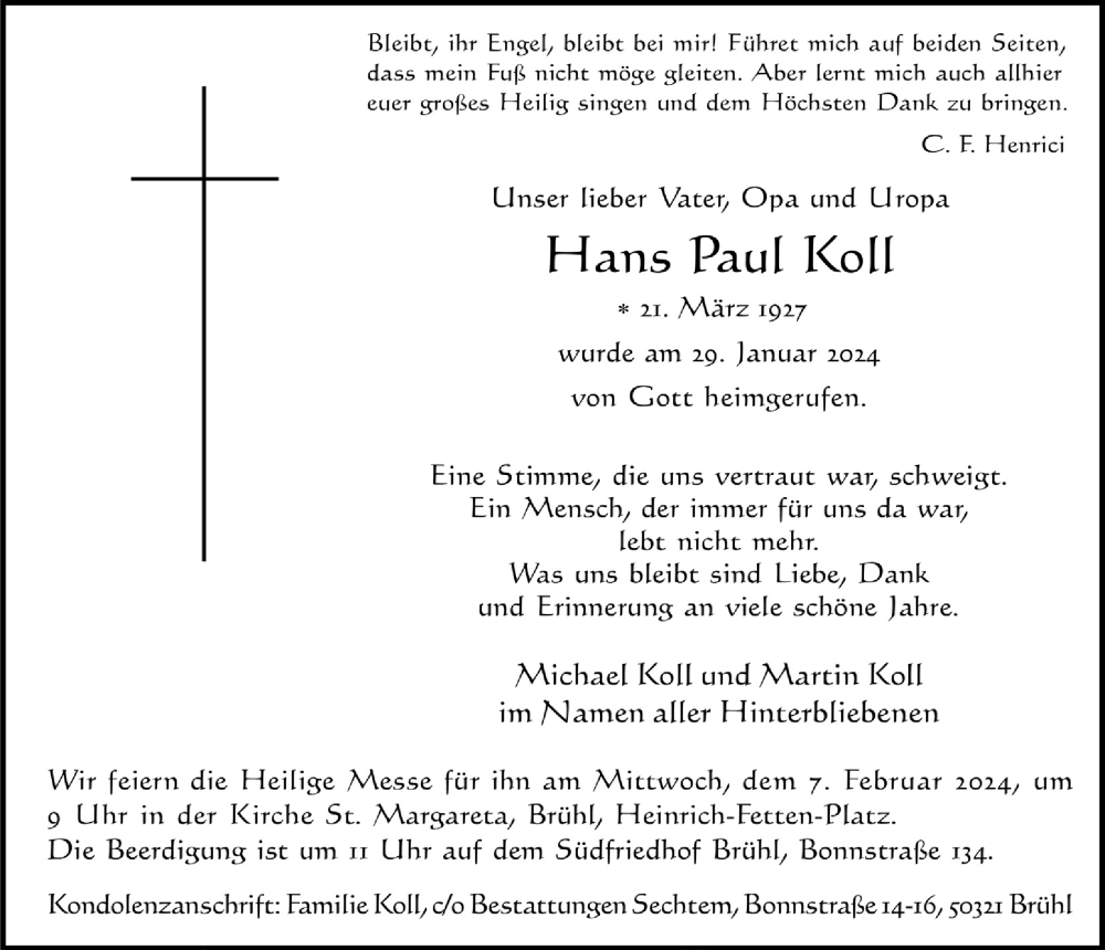  Traueranzeige für Hans Paul Koll vom 02.02.2024 aus  Schlossbote/Werbekurier 