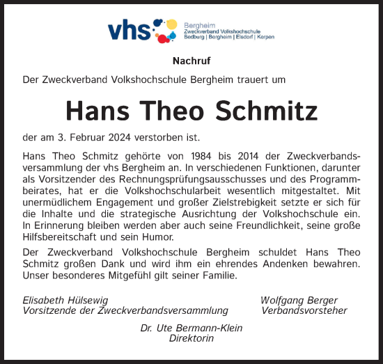 Anzeige von Hans Theo Schmitz von Kölner Stadt-Anzeiger / Kölnische Rundschau / Express