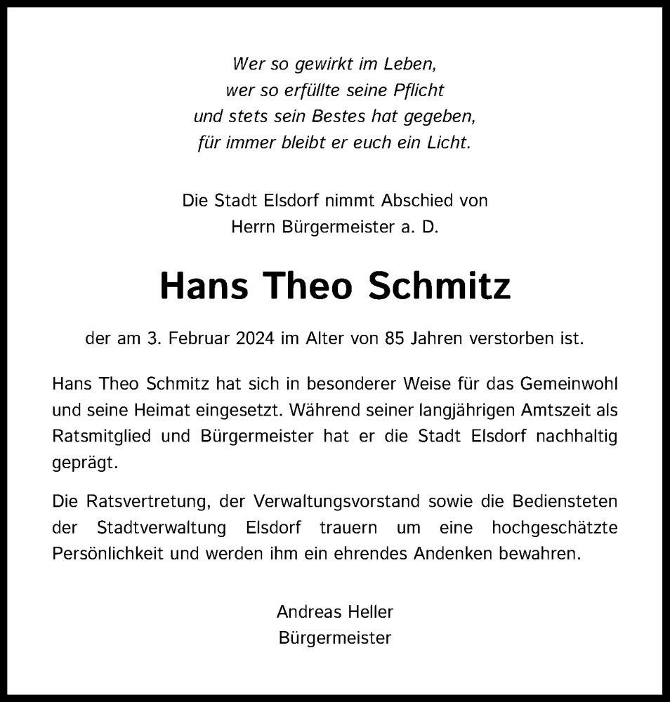  Traueranzeige für Hans Theo Schmitz vom 17.02.2024 aus Kölner Stadt-Anzeiger / Kölnische Rundschau / Express