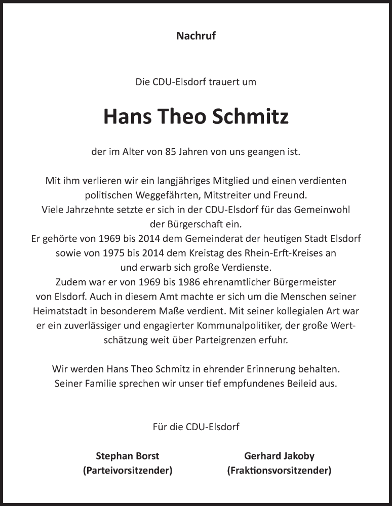  Traueranzeige für Hans Theo Schmitz vom 16.02.2024 aus  Werbepost 