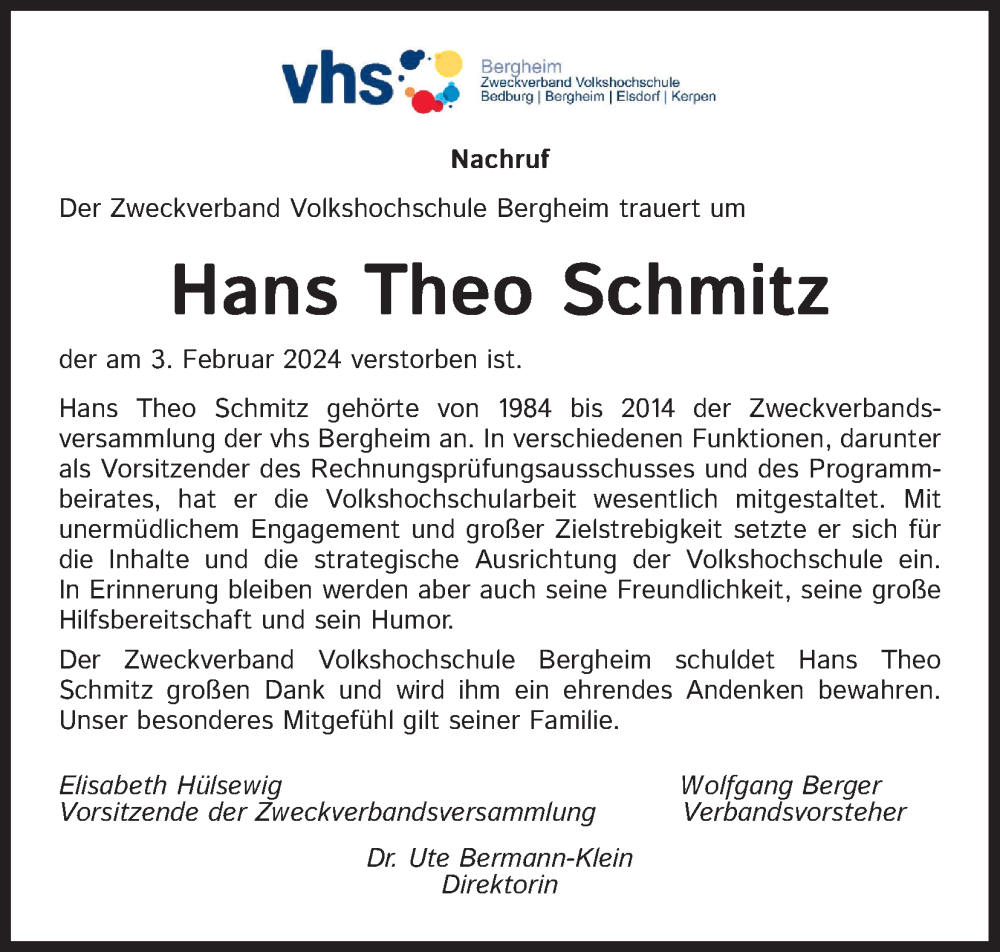  Traueranzeige für Hans Theo Schmitz vom 10.02.2024 aus Kölner Stadt-Anzeiger / Kölnische Rundschau / Express