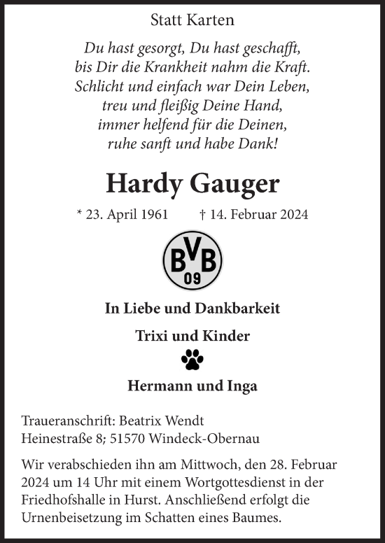 Anzeige von Hardy Gauger von  Lokalanzeiger 