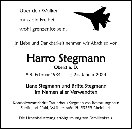 Anzeige von Harro Stegmann von  Schaufenster/Blickpunkt 