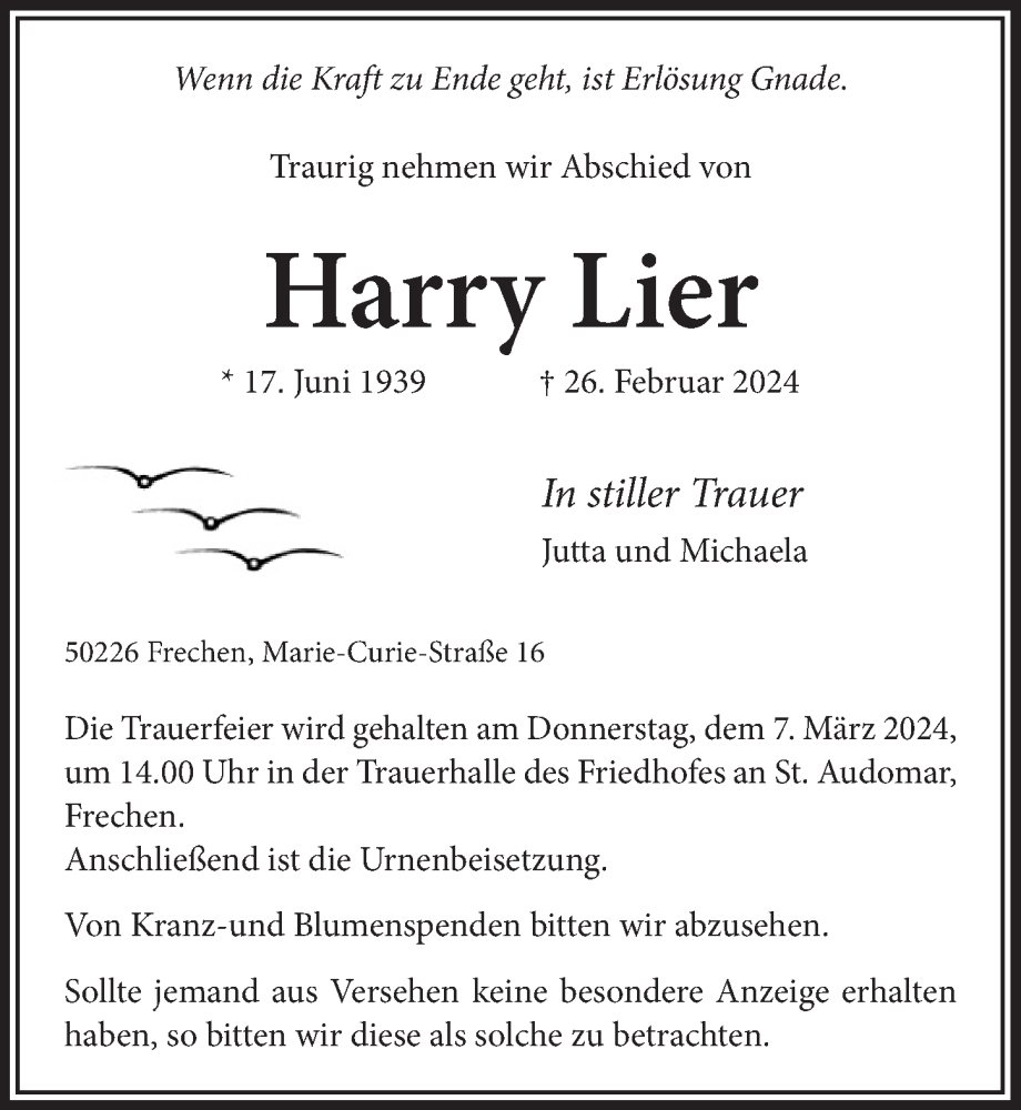  Traueranzeige für Harry Lier vom 01.03.2024 aus  Wochenende 