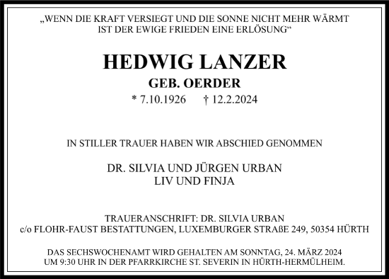 Anzeige von Hedwig Lanzer von  Wochenende  Bergisches Handelsblatt 