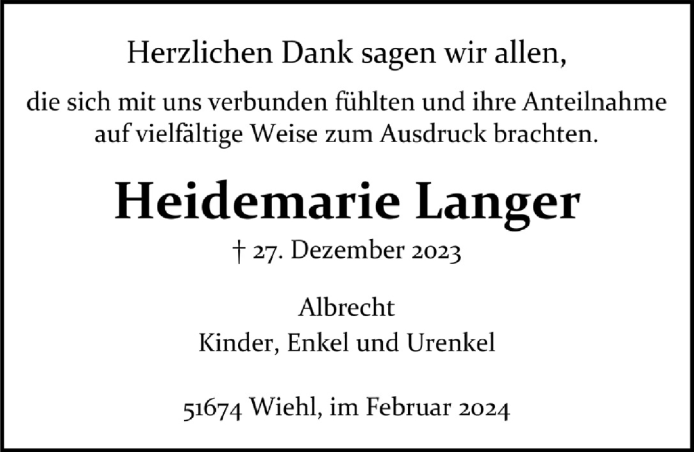  Traueranzeige für Heidemarie Langer vom 23.02.2024 aus  Anzeigen Echo 