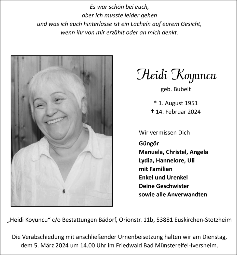  Traueranzeige für Heidi Koyuncu vom 24.02.2024 aus  Blickpunkt Euskirchen 
