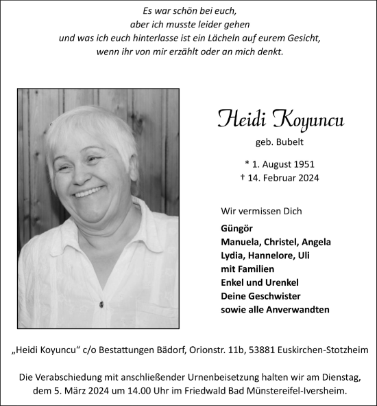 Anzeige von Heidi Koyuncu von  Blickpunkt Euskirchen 