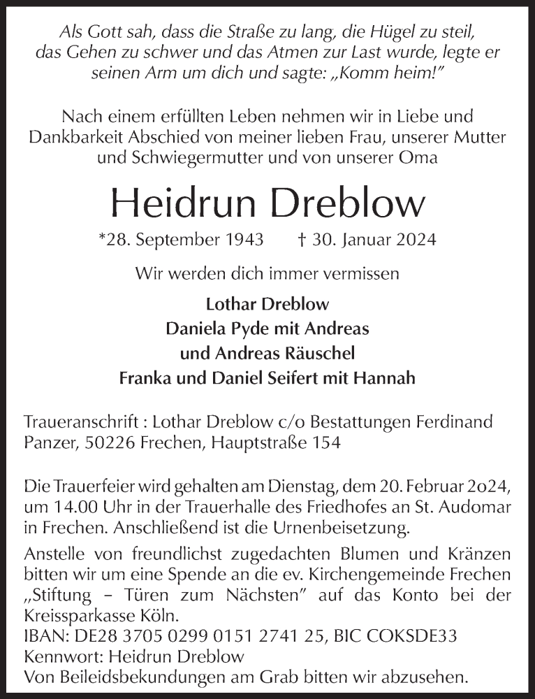  Traueranzeige für Heidrun Dreblow vom 09.02.2024 aus  Wochenende 