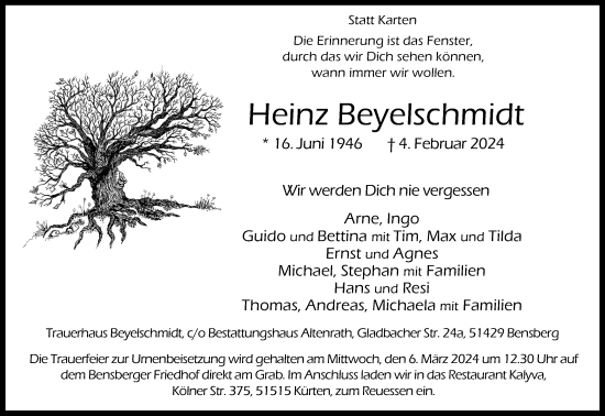 Anzeige von Heinz Beyelschmidt von Kölner Stadt-Anzeiger / Kölnische Rundschau / Express
