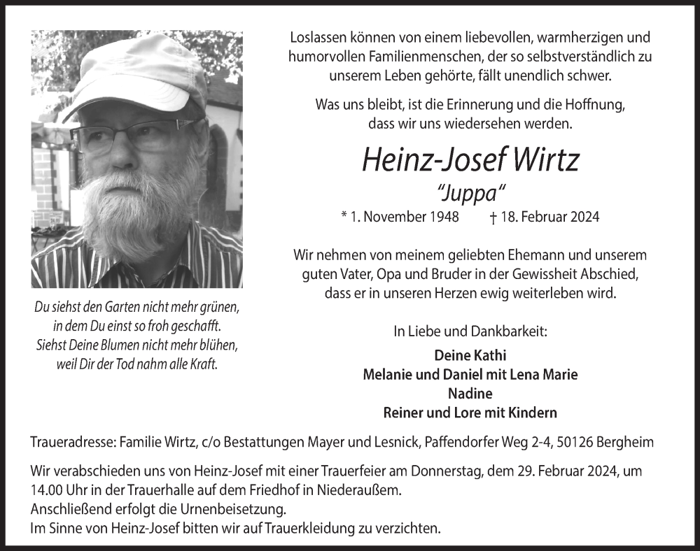  Traueranzeige für Heinz-Josef Wirtz vom 23.02.2024 aus  Werbepost 