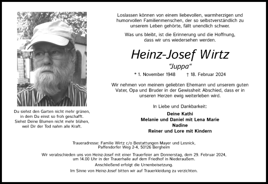Anzeige von Heinz-Josef Wirtz von Kölner Stadt-Anzeiger / Kölnische Rundschau / Express