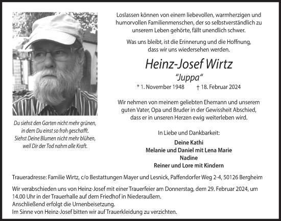 Anzeige von Heinz-Josef Wirtz von  Werbepost 