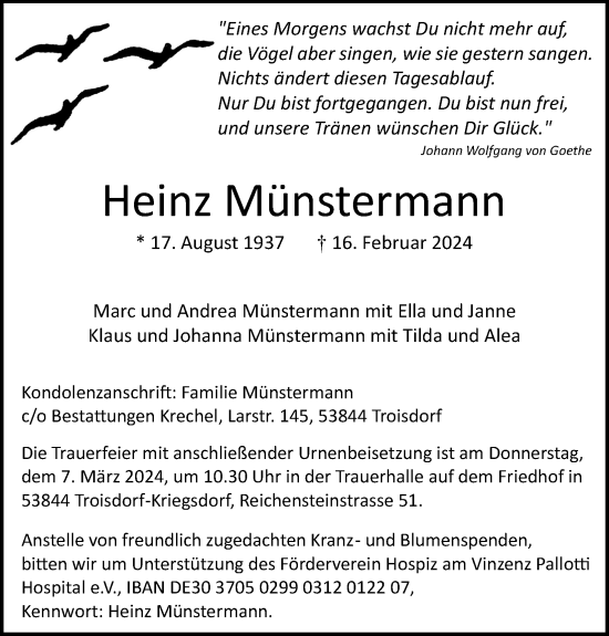 Anzeige von Heinz Münstermann von Kölner Stadt-Anzeiger / Kölnische Rundschau / Express