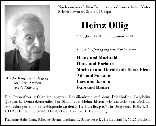 Anzeige von Heinz Ollig von  Werbepost 