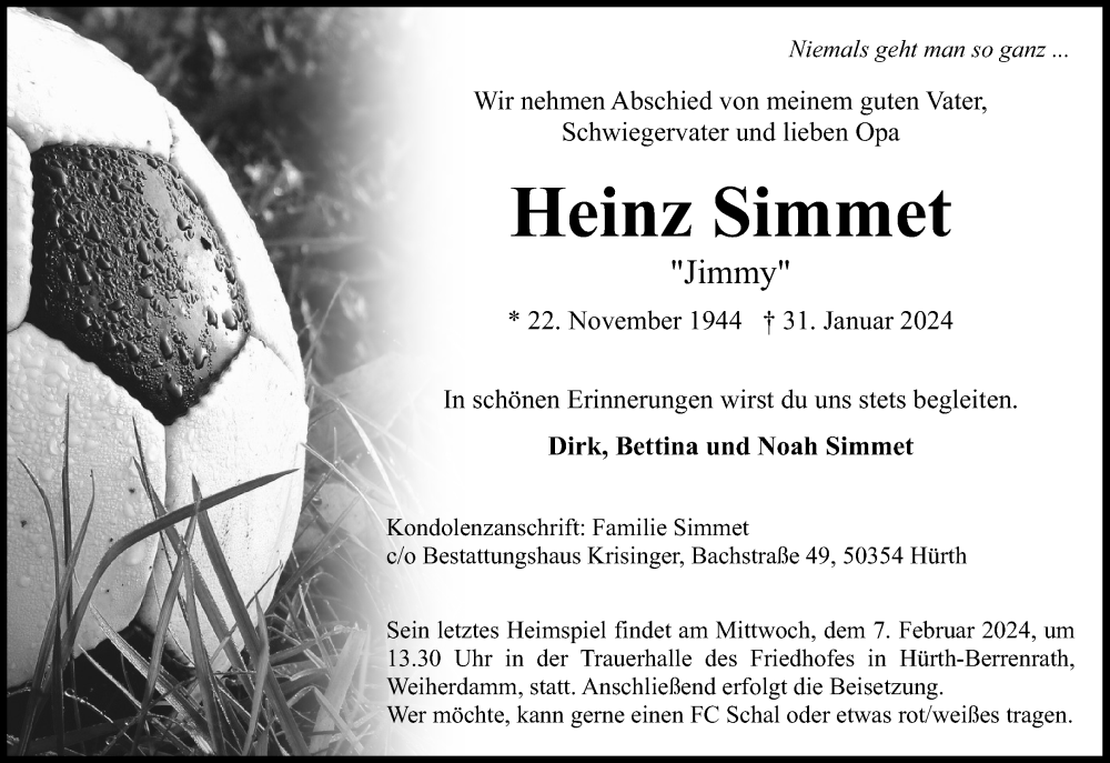  Traueranzeige für Heinz Simmet vom 03.02.2024 aus Kölner Stadt-Anzeiger / Kölnische Rundschau / Express