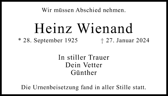 Anzeige von Heinz Wienand von Kölner Stadt-Anzeiger / Kölnische Rundschau / Express