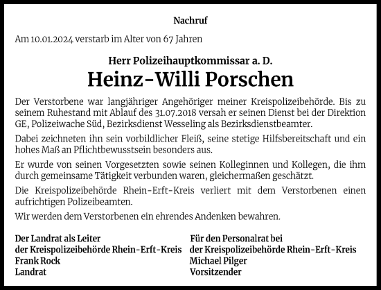 Anzeige von Heinz-Willi Porschen von Kölner Stadt-Anzeiger / Kölnische Rundschau / Express