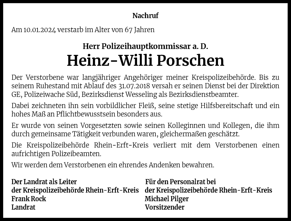  Traueranzeige für Heinz-Willi Porschen vom 03.02.2024 aus Kölner Stadt-Anzeiger / Kölnische Rundschau / Express