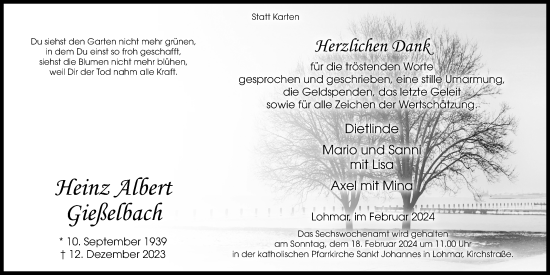 Anzeige von Heinz Albert Gießelbach von Kölner Stadt-Anzeiger / Kölnische Rundschau / Express