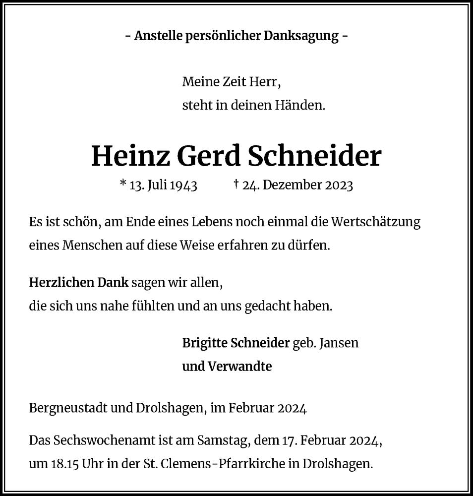  Traueranzeige für Heinz Gerd Schneider vom 10.02.2024 aus Kölner Stadt-Anzeiger / Kölnische Rundschau / Express
