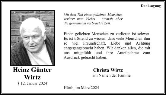 Anzeige von Heinz Günter Wirtz von  Wochenende 