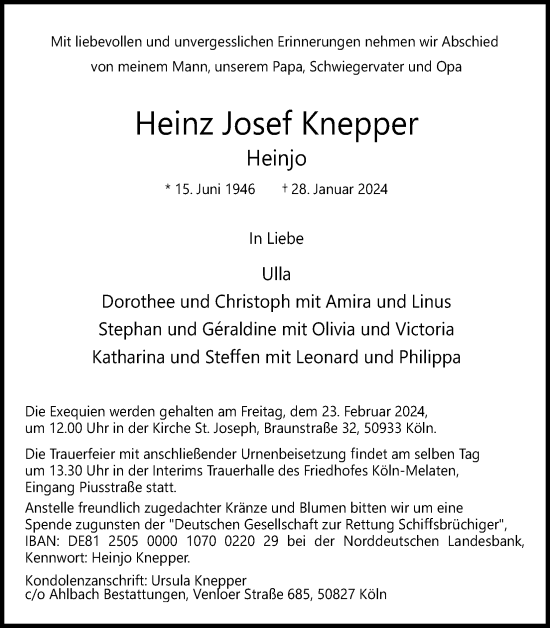 Anzeige von Heinz Josef Knepper von Kölner Stadt-Anzeiger / Kölnische Rundschau / Express