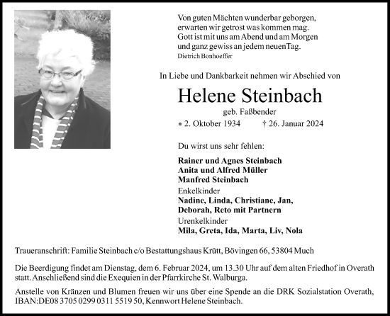 Anzeige von Helene Steinbach von Kölner Stadt-Anzeiger / Kölnische Rundschau / Express