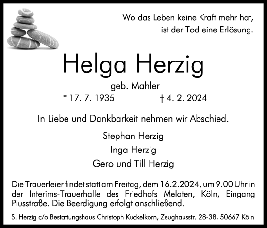 Anzeige von Helga Herzig von Kölner Stadt-Anzeiger / Kölnische Rundschau / Express