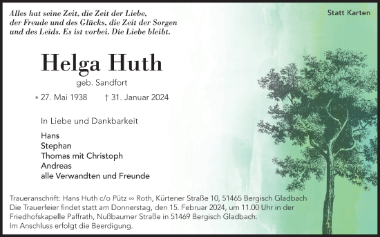 Anzeige von Helga Huth von Kölner Stadt-Anzeiger / Kölnische Rundschau / Express