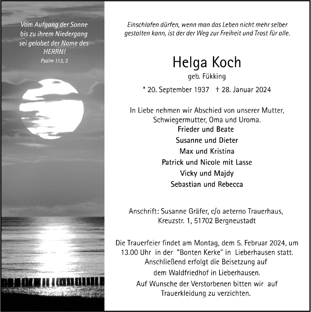  Traueranzeige für Helga Koch vom 02.02.2024 aus  Anzeigen Echo 