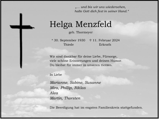 Anzeige von Helga Menzfeld von Kölner Stadt-Anzeiger / Kölnische Rundschau / Express