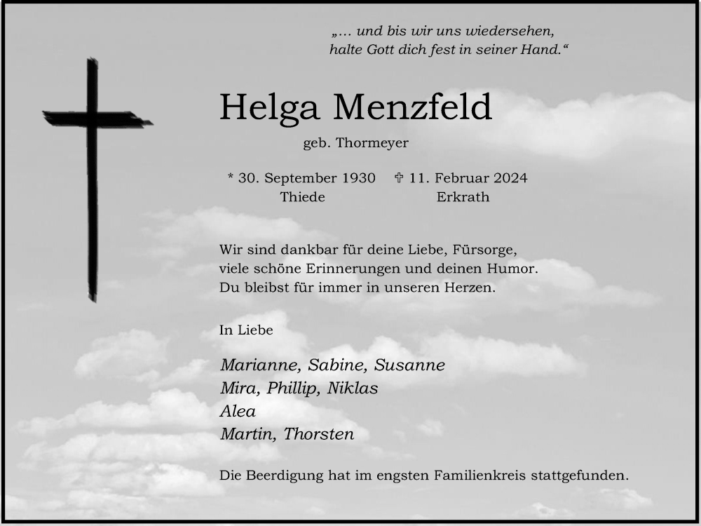  Traueranzeige für Helga Menzfeld vom 21.02.2024 aus Kölner Stadt-Anzeiger / Kölnische Rundschau / Express