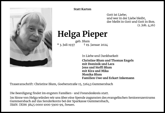 Anzeige von Helga Pieper von Kölner Stadt-Anzeiger / Kölnische Rundschau / Express