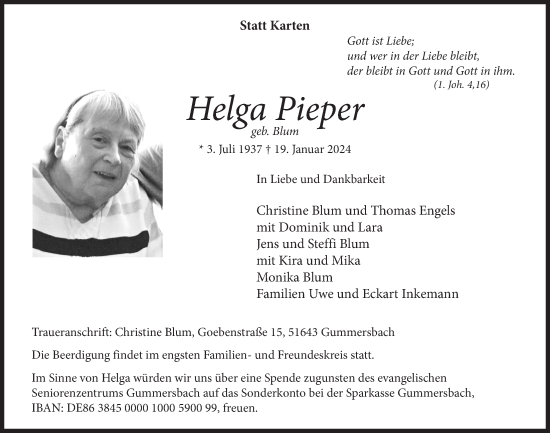 Anzeige von Helga Pieper von  Anzeigen Echo 