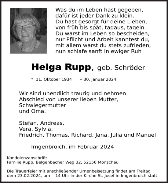 Anzeige von Helga Rupp von  Wochenende  Bergisches Handelsblatt 