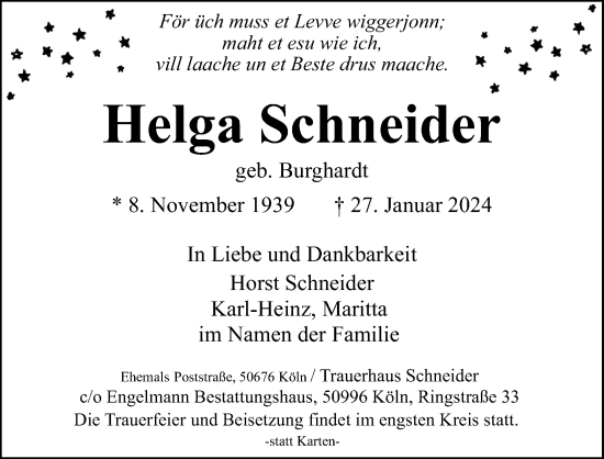 Anzeige von Helga Schneider von Kölner Stadt-Anzeiger / Kölnische Rundschau / Express
