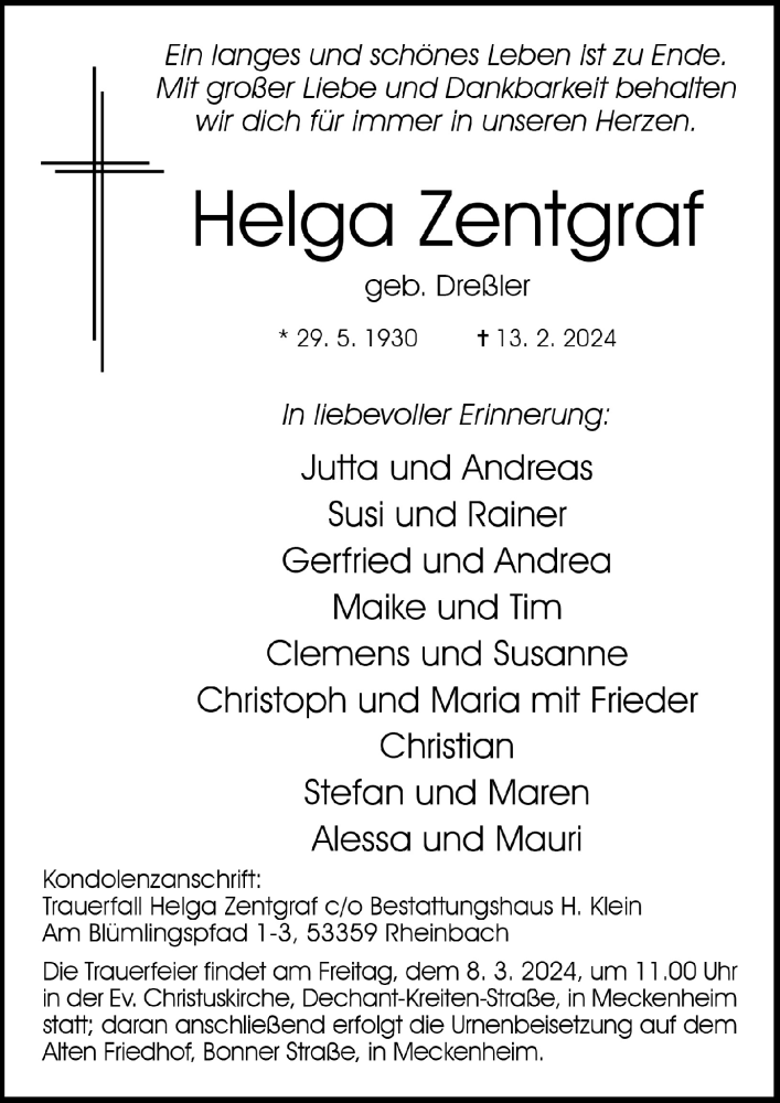  Traueranzeige für Helga Zentgraf vom 01.03.2024 aus  Schaufenster/Blickpunkt 