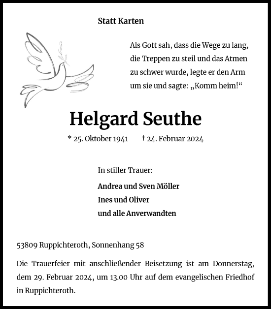 Anzeige von Helgard Seuthe von Kölner Stadt-Anzeiger / Kölnische Rundschau / Express
