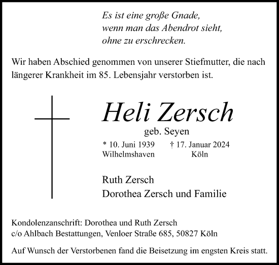 Anzeige von Heli Zersch von Kölner Stadt-Anzeiger / Kölnische Rundschau / Express