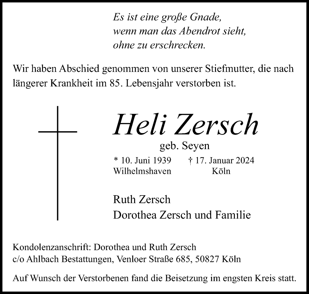  Traueranzeige für Heli Zersch vom 03.02.2024 aus Kölner Stadt-Anzeiger / Kölnische Rundschau / Express