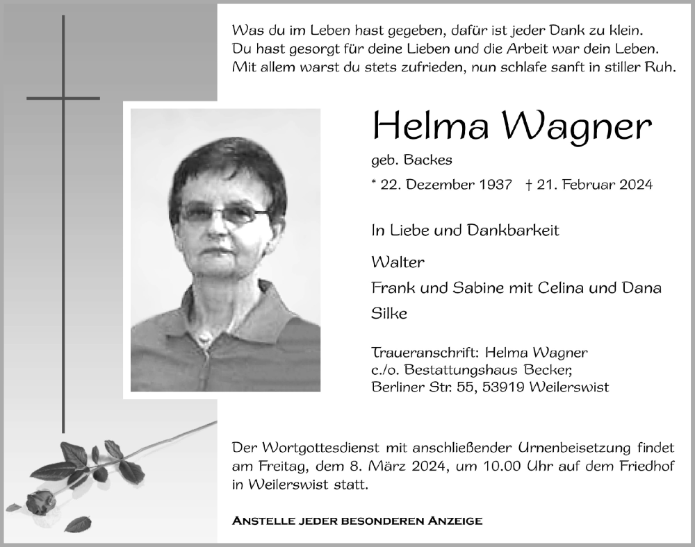  Traueranzeige für Helma Wagner vom 24.02.2024 aus  Blickpunkt Euskirchen 