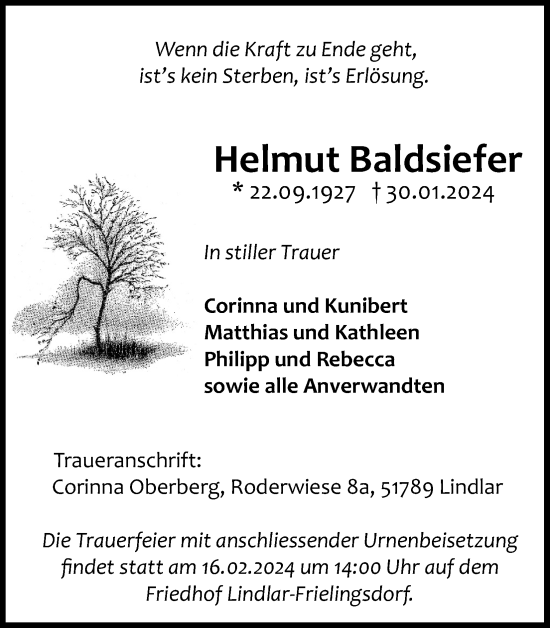 Anzeige von Helmut Baldsiefer von Kölner Stadt-Anzeiger / Kölnische Rundschau / Express
