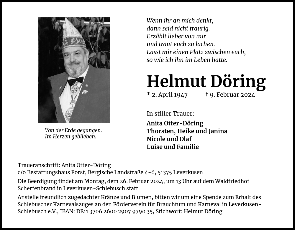  Traueranzeige für Helmut Döring vom 17.02.2024 aus Kölner Stadt-Anzeiger / Kölnische Rundschau / Express